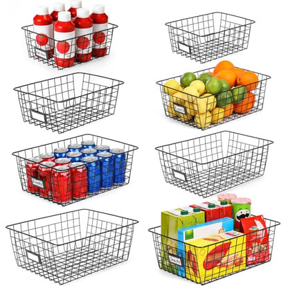 8 Set, Extra Large Wire Baskets for Organizing with Lables, Cabinet Pantry Organization and Storage Bins - Metal Basket for Kitchen, Laundry, Garage, Fridge, Bathroom Countertop Organizer, Black - size: Large-8 Pack