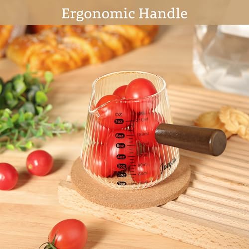 Joeyan Espresso Measuring Cup, 7oz Clear Espresso Shot Cups with Wood Handle, Ribbed Glass Measuring Cup with Spout and Double Scale, Milk Frothing Pitcher, Espresso Machine Coffee Bar Accessories - color: Clear espresso cup