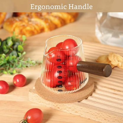 Joeyan Espresso Measuring Cup, 7oz Clear Espresso Shot Cups with Wood Handle, Ribbed Glass Measuring Cup with Spout and Double Scale, Milk Frothing Pitcher, Espresso Machine Coffee Bar Accessories - color: Clear espresso cup