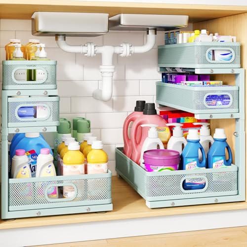 Under Sink Organizer, 2-Pack 3-Tier Thickened Metal Pull out Cabinet Organizer Shelf, Height Adjustable Slide out Storage Drawer Rack for Kitchen Bathroom Pantry Laundry Home Organization, LightBlue - color: LightBlue, size: 2-Pack