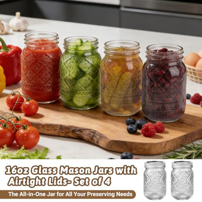 16oz Embossed Mason Jars 4-Pack, Regular Mouth Pint Glass Canning Jars | Airtight Seals, Ideal for Overnight Oats, Meal Prep, Pickling, Fermenting, Food Storage, DIY Crafts & Gifts - color: Clear07-16oz
