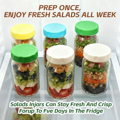 Glass Salad Jars 32oz 4-Pack with Dressing Cup | Leakproof, wet/dry separation, airtight mason jars, meal prep containers, portable lunch container, office travel