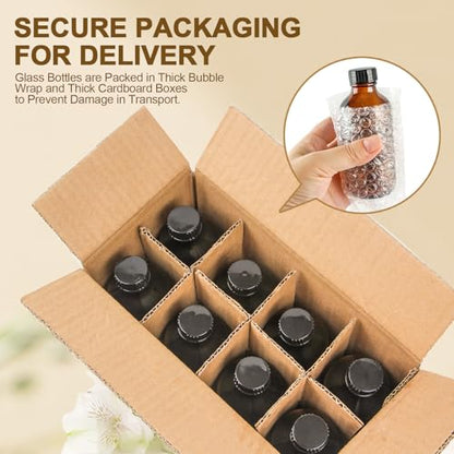 8 Pack 4 oz Amber Glass Bottles with Black Caps, Boston Round Bottles for Homemade Vanilla Extract, Essential Oils, Syrup, Juice, Leakproof Empty Containers for Holiday Gifts & Liquids