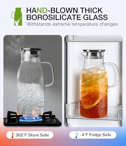 LUNA&MANTHA Glass Pitcher, 2 Liter 68oz Water Pitcher with Lid and Spout, Large Ice Tea Jug for Fridge, Thick Drink Jug with Handle for Juice, Coffee, Borosilicate Glass Carafe Hot/Cold Beverage - color: 68oz