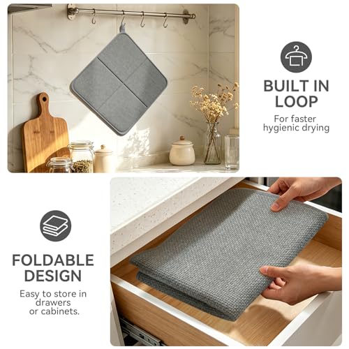 YDKGL Dish Drying Mat for Kitchen Counter, Ultra Absorbent & Fast Drying Dish Mat Machine Washable Foldable Drying Pad for Countertops, Sinks, Draining Racks, Grey - size: 16" x 24"