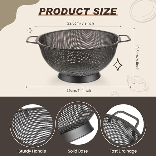 Norme 4 Quart Stainless Steel Black Colander and 3 Pcs Black Fine Mesh Strainer, Stainless Steel Pasta Rice Food Metal Strainer with Handles, Easy Clean and Dishwasher Safe - color: Black, size: 4 Quart