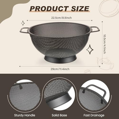 Norme 4 Quart Stainless Steel Black Colander and 3 Pcs Black Fine Mesh Strainer, Stainless Steel Pasta Rice Food Metal Strainer with Handles, Easy Clean and Dishwasher Safe - color: Black, size: 4 Quart