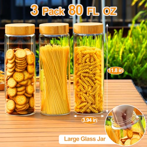 Glass Canisters With Airtight Bamboo Lids - 3 Pack 80oz Cereal Containers, Cookie Jars, Pasta Storage - Screw On Kitchen Jars - size: 3 jars: 80oz each