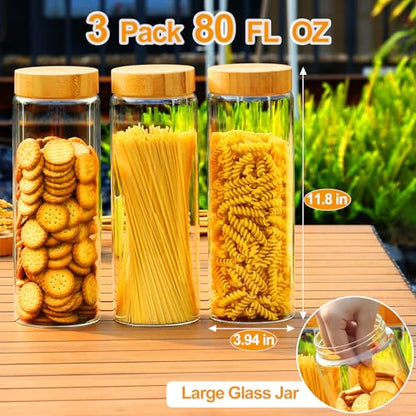 Glass Canisters With Airtight Bamboo Lids - 3 Pack 80oz Cereal Containers, Cookie Jars, Pasta Storage - Screw On Kitchen Jars - size: 3 jars: 80oz each