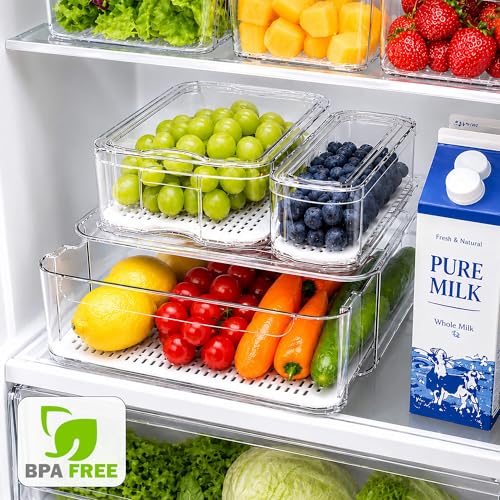 SMRCAD 8 Pack Clear Fridge Organizer Bins with Drain Trays - Stackable | BPA-Free PET, 8 Pack: 1 Drawer + 7 lidded Bins, Helps Keep Produce Fresh, 18.3L Capacity, Hand Wash Only - size: 8 Bins (Include Pull Out Drawer)