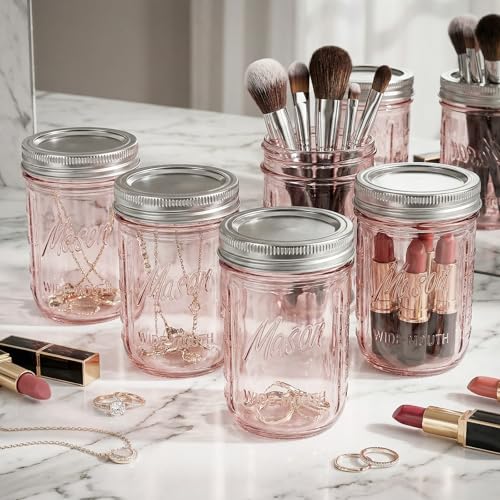 WELLIFE 6-Pack Mason Jars 16 oz with Lids – Wide Mouth Glass mason jars, Airtight Leak-Proof canning jars 16 oz for Food Storage, Fermenting, Pickling, Freezing, and Crafts - color: Pink Mason Jars 16oz-6Pcs
