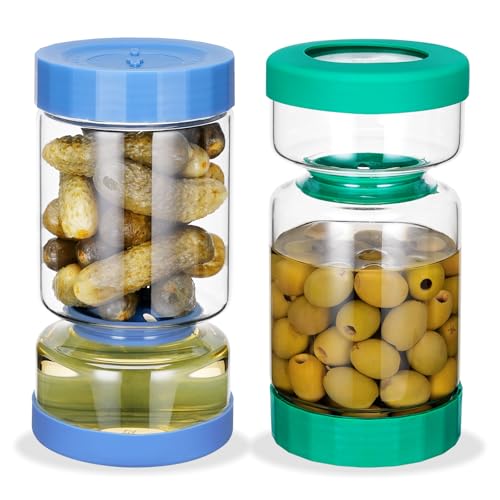 ZENS Pickle Jar with Strainer Flip, 37 oz Hourglass Pickle Juice Separator Container, Airtight Leakproof Lid, 2 Pack Pickling Jars for Olive, Jalapeno Container-Dual Wet-Dry Design - color: 04-Lake Blue&Peacock Blue, size: 37oz 2pcs