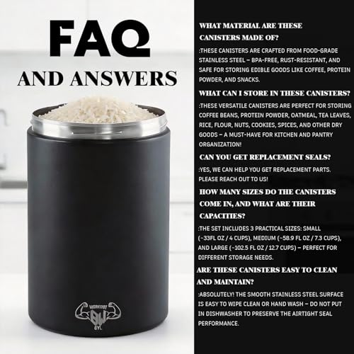 3-Piece Stainless Steel Food Canisters Set (27/47/84oz) | Airtight Metal Kitchen Storage Containers with Screw Lids | Stackable Jars for Coffee, Flour, Sugar & Protein Powder - color: Black