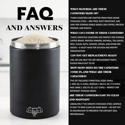 3-Piece Stainless Steel Food Canisters Set (27/47/84oz) | Airtight Metal Kitchen Storage Containers with Screw Lids | Stackable Jars for Coffee, Flour, Sugar & Protein Powder - color: Black