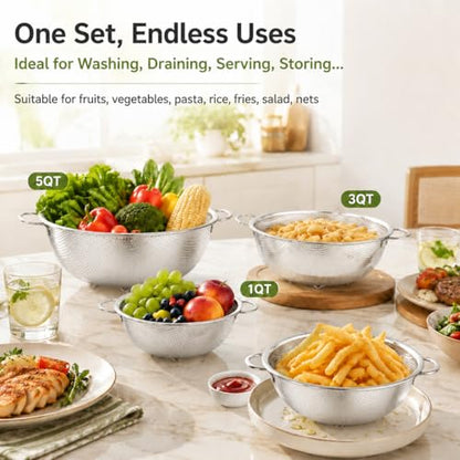 TeamFar Colander Set of 3, Stainless Steel Perforated Metal Colander Strainer with Handles for Spaghetti, Pasta, Berry, Rust Free & Dishwasher Safe - 1/3/5-quart - size: 1 + 3 + 5qt