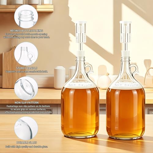 2pcs 1Gallon Glass Bottle- 2pcs Rubber Bungs & 2-Piece Airlocks – Fermentation Jars for Home Brewing, Clear Glass Fermenter Containers for Liquid Fermentation