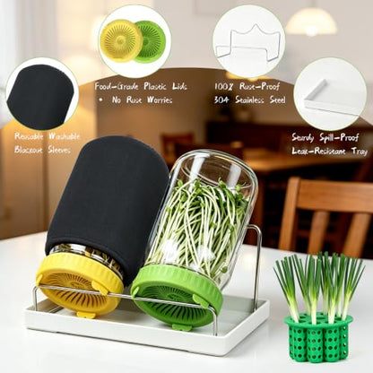 Seed Sprouting Kit - 2×32 Oz Wide-Mouth Mason Jars with Sprouter Lids, Stand, Sprout Tray & Light Shield, for Broccoli, Alfalfa, Mung Beans & Microgreens (Yellow + Green + Green Onion Regrower) - color: Yellow + Green + Green Onion Regrower