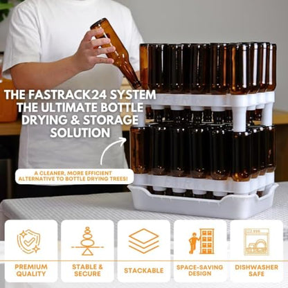 FastRack Complete Bottle Prep Kit | (2) Stackable Beer Bottle Drying Racks, (1) Drip Tray & (144) Black Crown Caps | Storage Tree Alternative for Homebrewing & Wine Making