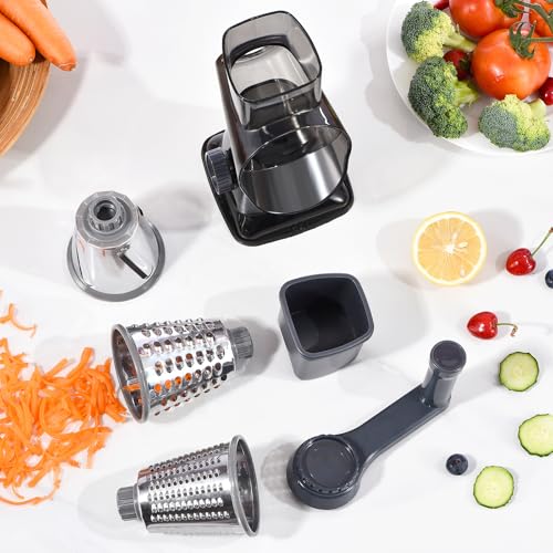 Rotary Cheese Grater with Handle Kitchen Shredder Slicer Grater Slicer Ice Shaver Cheese Vegetable Nuts Potato Zucchini Chocolate 3 Interchangeable Blades (Grey TSP) - color: Dark Grey TSP