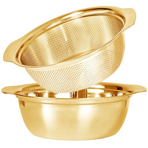 Paoli 304 Stainless Steel Fine Mesh Colander Set, 2QT Large Capacity Strainer with Mixing Bowl — Rinse Fruits, Veggies, Rice & Drain Pasta, Dishwasher Safe (2-Piece Gold) - color: Gold with handle, size: 2qt