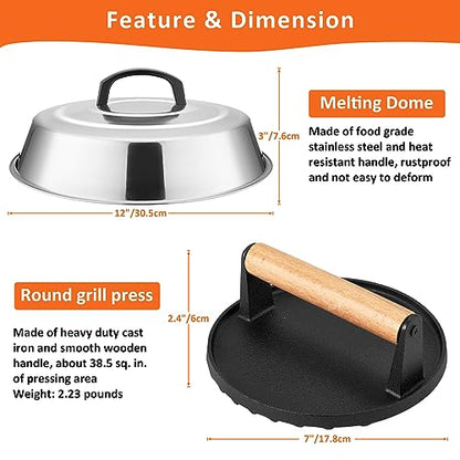 Leonyo Smash Burger Kit, 12" Basting Cover for Griddle, Round Cast Iron Bacon Press Cheese Melting Dome Lid BBQ Accessories for Outdoor Flat Top Grill, Kitchen Cooking