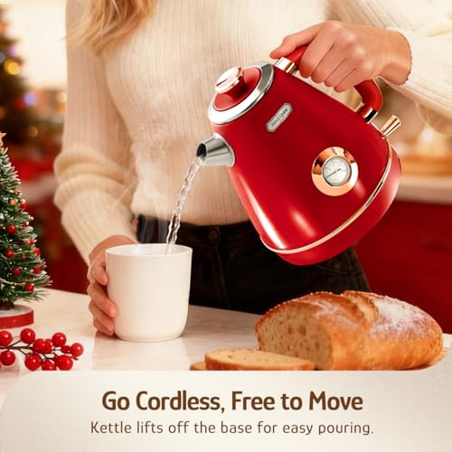 Hazel Quinn Retro Electric Kettle - 1.7 Liters / 57.5 Ounces Tea Kettle with Thermometer, All Stainless Steel, Fast Boiling 1200 W, BPA-free, Cordless, Rotational Base, Automatic Shut Off - Ruby Red - color: Ruby Red