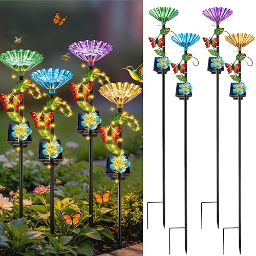 VOOKRY Solar Outdoor Garden Decor Lights & bee/Bird/Butterfly Water Station | Both functions of garden decor and water supply.Waterproof decor for Patio Lawn Yard,Gifts for Women Mom(4Pack Butterfly) - size: 4 Pack Butterfly