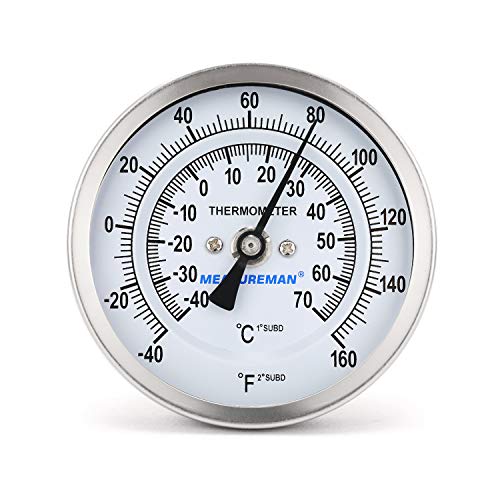 MEASUREMAN Fully Stainless Steel Pot, Kettle, Brewing Bimetal Dial Thermometer, 3" Dial, 2-1/2" Stem, -40-160 deg F/-40-70 deg C, -1% Accuracy, Adjustable, 1/2" NPT Back Mount - size: -40-160 deg F/-40-70 deg C, style: 2-1/2" Stem