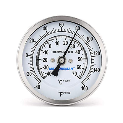 MEASUREMAN Fully Stainless Steel Pot, Kettle, Brewing Bimetal Dial Thermometer, 3" Dial, 2-1/2" Stem, -40-160 deg F/-40-70 deg C, -1% Accuracy, Adjustable, 1/2" NPT Back Mount - size: -40-160 deg F/-40-70 deg C, style: 2-1/2" Stem