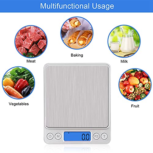 UNIWEIGH Digital Kitchen Scale,3kg/0.1g Pocket Food Scale Measure in Grams and oz for Loss Weight,Cooking Baking,Jewelry,High Precision Gram Scale with 6 Units,Small Coffee Scale with 2 Trays,LCD,Tare - size: 3KG