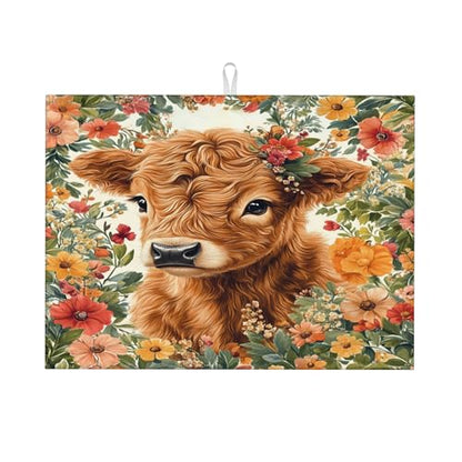 Highland Cow Dish Drying Mat for Kitchen Counter Microfiber Super Absorbent Non-Slip Dish Drying Pad for Countertops Dishes Utensils Stylish Quick-Dry Machine Washable 18x24 Inch - color: Highland Cow