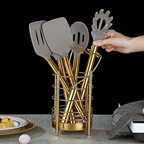 Gold Kitchen Utensils Set, Berglander 38 Pieces Non-stick Silicone Cooking Tools Spoon Spatula Set With Sturdy Stainless Steel Utensil Holder, Dishwasher Safe - style: a. 38 Pieces