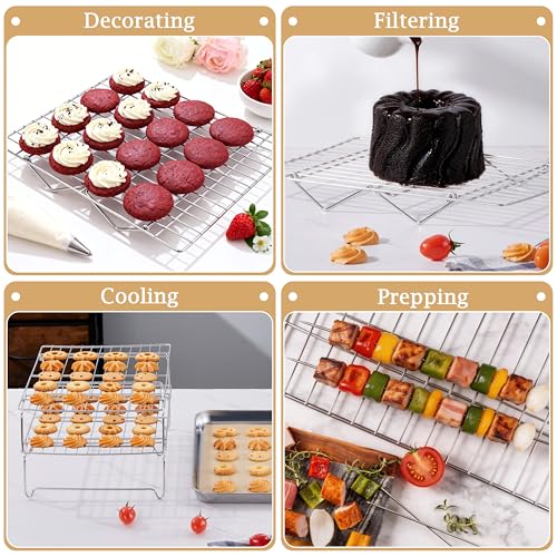 LIANYU Cooling Rack 15"x10", 5-Tier Stackable & Collapsible Stainless Steel Baking Wire Racks for Cooking, Baking, Roasting, Drying, Oven & Dishwasher Safe, Silver
