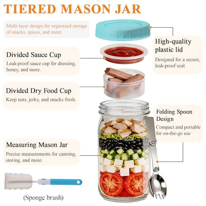 32oz Glass Wide Mouth Mason Jar with Divider and Lid | wet dry separated, plastic divider, leakproof lid, portable,wide mouth glass jar, meal prep, food-grade glass, freezer safe
