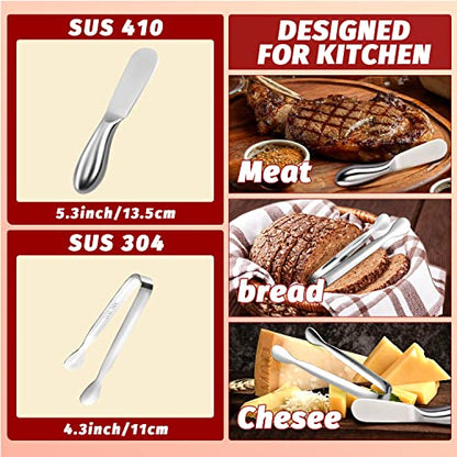 Butter Spreader Knife Set 8 PCS Stainless Steel Cheese Butter Spreader Knives and Mini Serving Tongs for Cheese Cold Butter Jam Appetizers Pastry Charcuterie Accessories Kitchen Utensils - color: Silver08