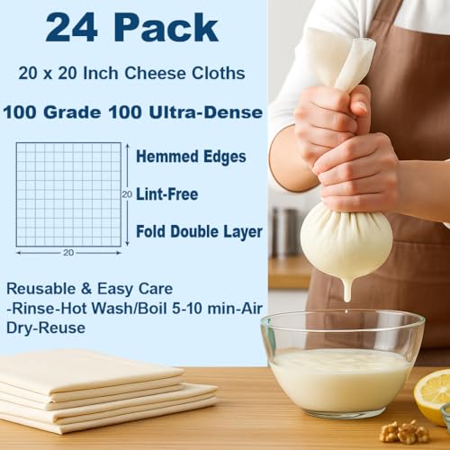 24 Pcs Cheesecloth for Straining 20x20 Inch – Reusable Grade 100 Muslin Cloth, Ultra-Fine 56x42 Weave, 100% Unbleached Cotton with Hemmed Edges, Cheese Cloth Strainer for Yogurt, Nut Milk & Baking - size: 24 PCS - 20x20 Inch