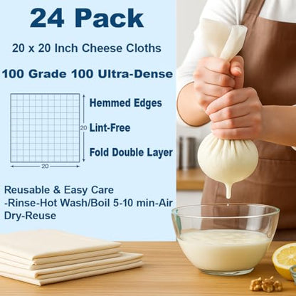 24 Pcs Cheesecloth for Straining 20x20 Inch – Reusable Grade 100 Muslin Cloth, Ultra-Fine 56x42 Weave, 100% Unbleached Cotton with Hemmed Edges, Cheese Cloth Strainer for Yogurt, Nut Milk & Baking - size: 24 PCS - 20x20 Inch