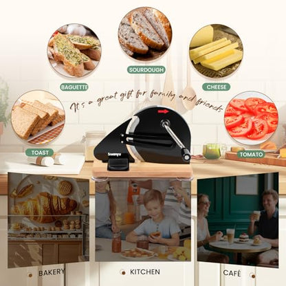 Huanyu Manual Bread Slicer Upgrade Foldable Sourdough Cutter Versatile Hand Crank Stainless Steel Blade Adjustable Thickness with Scale Line & Suction Cup for Homemade & Commercial Use Black