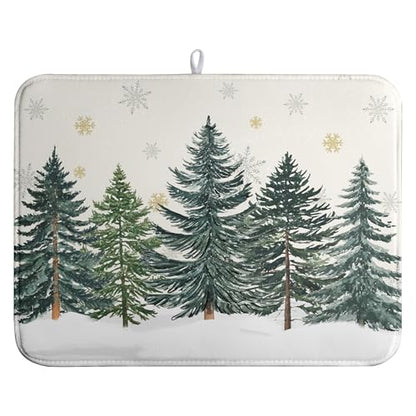 Winter Forest Dish Drying Mat Winter Snowflake Large Kitchen Mats Dish Drying Pad Christmas Tree Absorbent Dish Dryer Mat for Kitchen Countertops Microfiber Drainer Pad Dish Drying Mats (18x24 in)