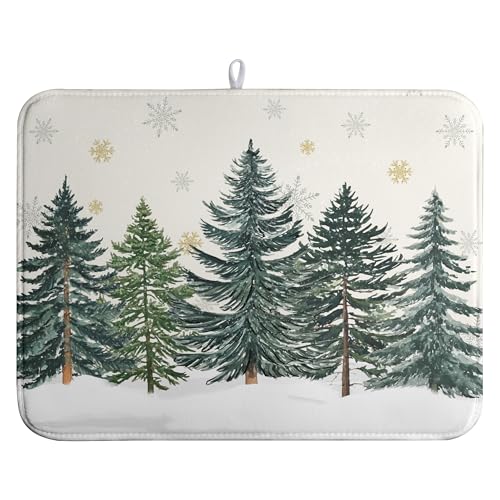 Winter Forest Dish Drying Mat Winter Snowflake Large Kitchen Mats Dish Drying Pad Christmas Tree Absorbent Dish Dryer Mat for Kitchen Countertops Microfiber Drainer Pad Dish Drying Mats (18x24 in)