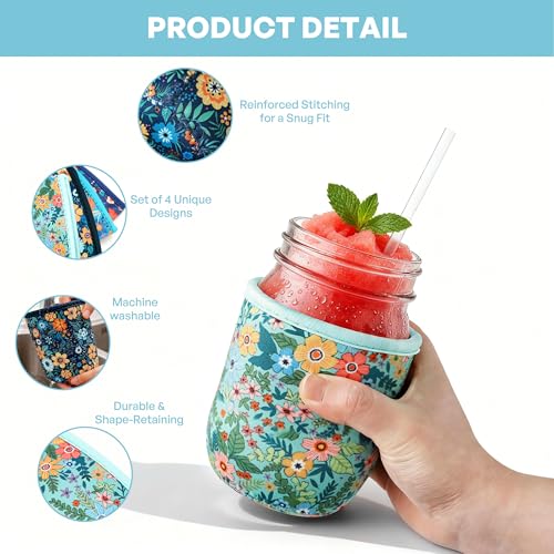 KJQJLY 4 Pcs Mason Jars Sleeves Neoprene 16 oz Regular and Wide Mouth Mason Jar Sleeves Holder with Handle (Flowers, 16 OZ) - color: Flowers, size: 16 OZ