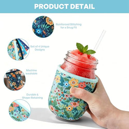 KJQJLY 4 Pcs Mason Jars Sleeves Neoprene 16 oz Regular and Wide Mouth Mason Jar Sleeves Holder with Handle (Flowers, 16 OZ) - color: Flowers, size: 16 OZ