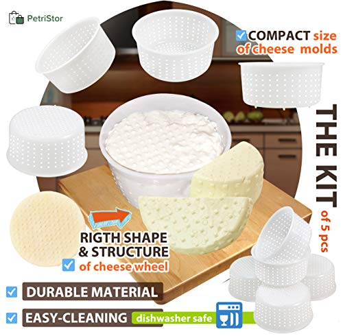 PetriStor 5 pcs Soft Cheese Mold for Cheese Making 0.8QT - Small Cheese Molds - Homemade Cheese Making Supplies - Cream Cheese Form Mold - Moldes Para Queso Fresco Casero - Feta Cheese Making Basket