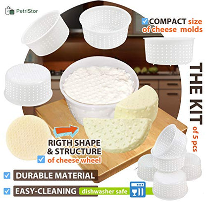 PetriStor 5 pcs Soft Cheese Mold for Cheese Making 0.8QT - Small Cheese Molds - Homemade Cheese Making Supplies - Cream Cheese Form Mold - Moldes Para Queso Fresco Casero - Feta Cheese Making Basket