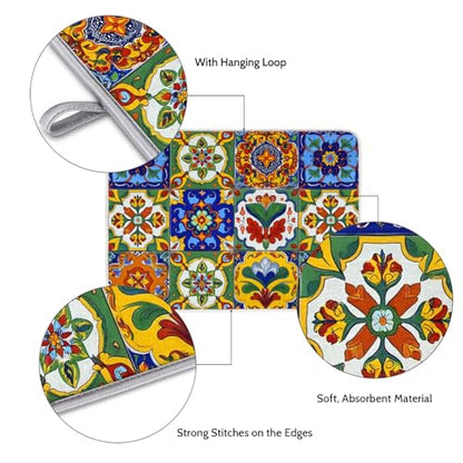 Dish Drying Mats for Kitchen - Super Absorbent Dish Dryer Mat for Countertops Microfiber Dishes Drainer Pad Hide Stain Draining Rack Mat Gadgets for Easy Clean Multi-Use 16"x18" (Mexican Tiles, S) - size: S