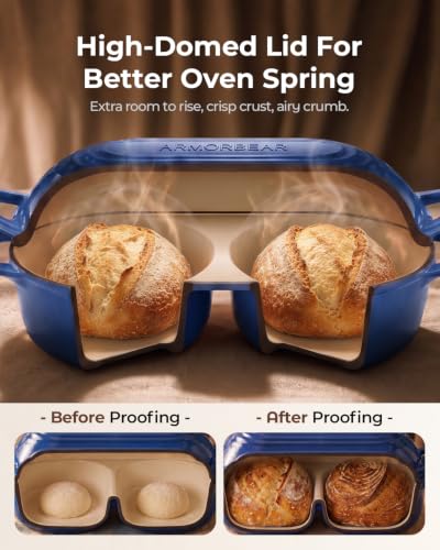 Sourdough Bread Baking Kit with Double Loaf Cast Iron Bread Pan, Blue | Bakes two mini loaves at once with banneton proofing baskets included - color: Blue, size: Double Bread Oven & Baking Kit