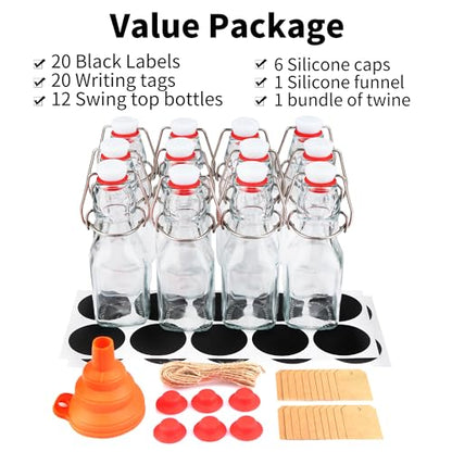 12 Pack 4oz Swing Top Glass Bottles, 125ML Square Bottles with Airtight Stoppers for Kombucha, Kefir, Vanilla Extract, Beer(Bonus Gaskets, Labels and Funnel) - size: 4oz
