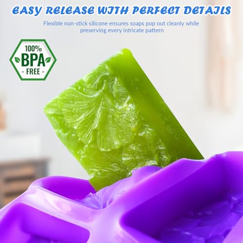 HKNMTT Silicone Square Rectangle Bar Molds Leaf Flower Pattern, 8 Cavities for Candy Soap Making Shower Steamer Homemade Bath Lotion Shampoo Bar DIY Set Non-stick Craft Food Grade 2 Pack - style: Daisy Ginkgo Leaf - 2PCS