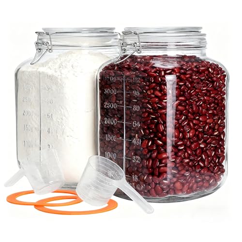 2 Pack 1.1 Gallon Square Super Wide Mouth, Airtight Glass Storage Jars, with Measurement Marks, Leak-Proof Lids for Kitchen Pantry, Canning, Dry Food (Flour, Sugar) & Drinks - size: Wide Mouth Set of 2