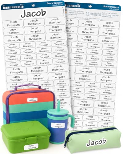 Bunny Badges Personalized Daycare Name Labels for Kids (120 Labels) Custom Label for Clothing Tag - Waterproof Name Stickers for Clothing Tags, Bottles, Backpacks and School Supplies (White) - color: White